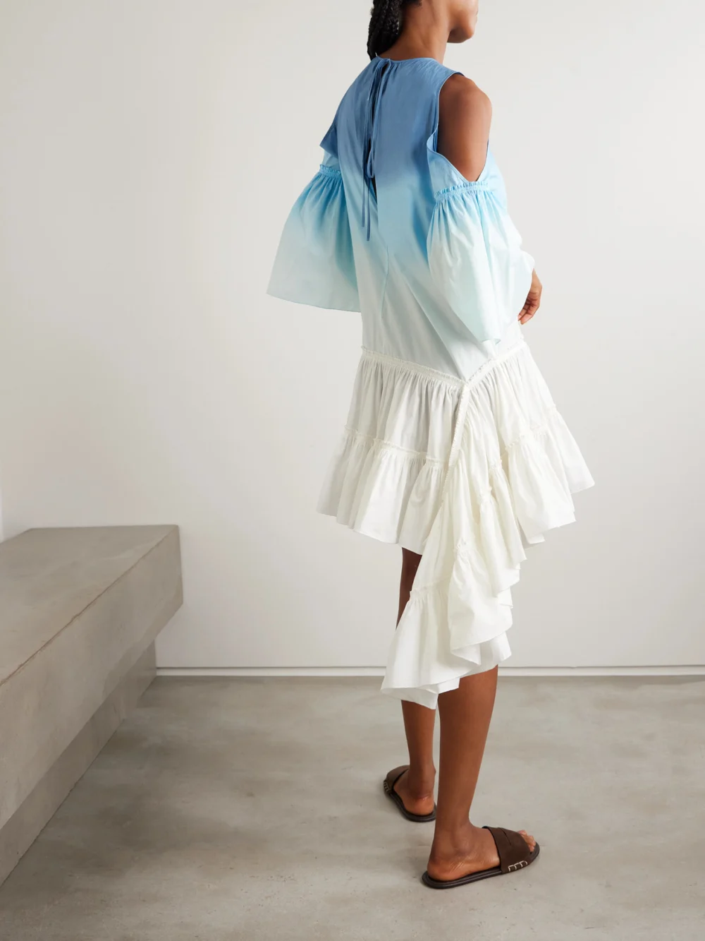 Back view of the JW Anderson Cold-shoulder Tiered Ruffled Dégradé Cotton-poplin Mini Dress