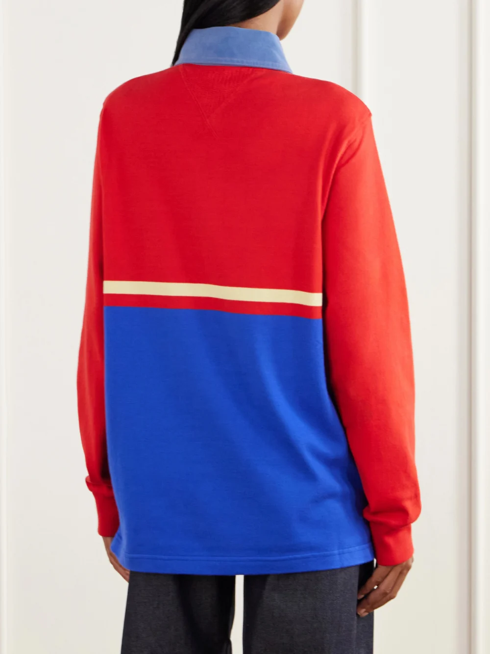 Back view of the JW Anderson Contrast Collar Embroidered Striped Cotton-jersey Polo Shirt