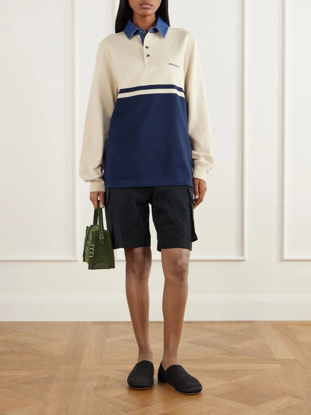 JW Anderson Contrast Collar Embroidered Striped Cotton-jersey Polo Shirt, worn by a model