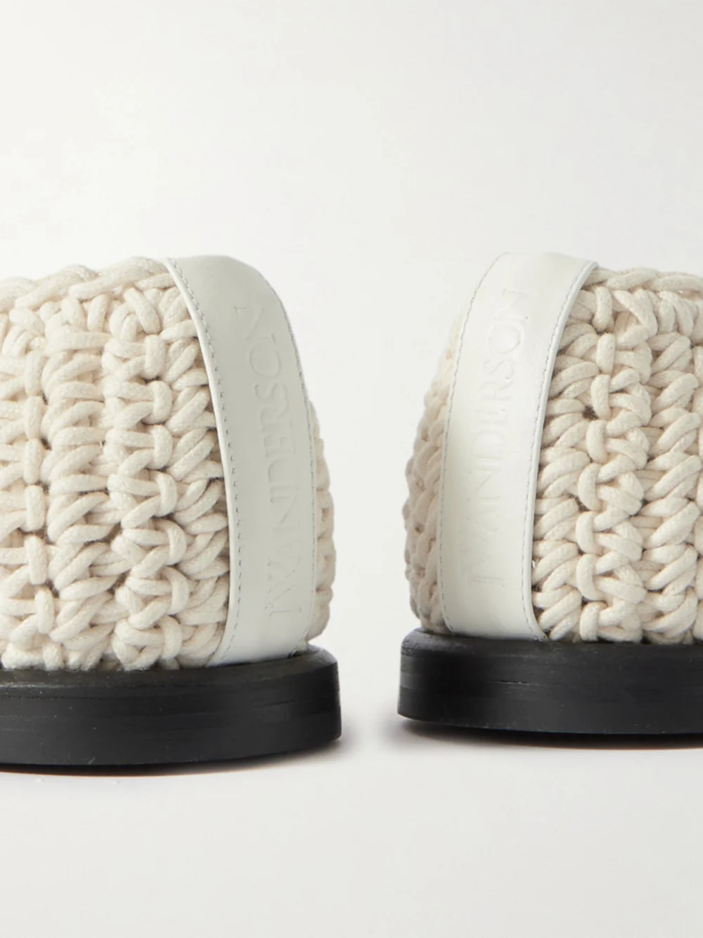 Close-up detail of the JW Anderson Crocheted Leather-trimmed Cotton Loafers