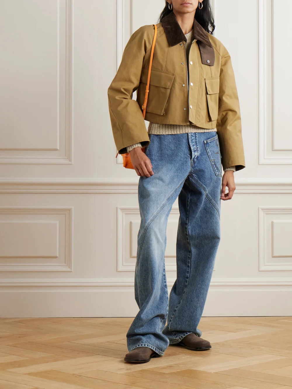 JW Anderson Cropped Corduroy-trimmed Waxed-cotton Jacket, worn by a model