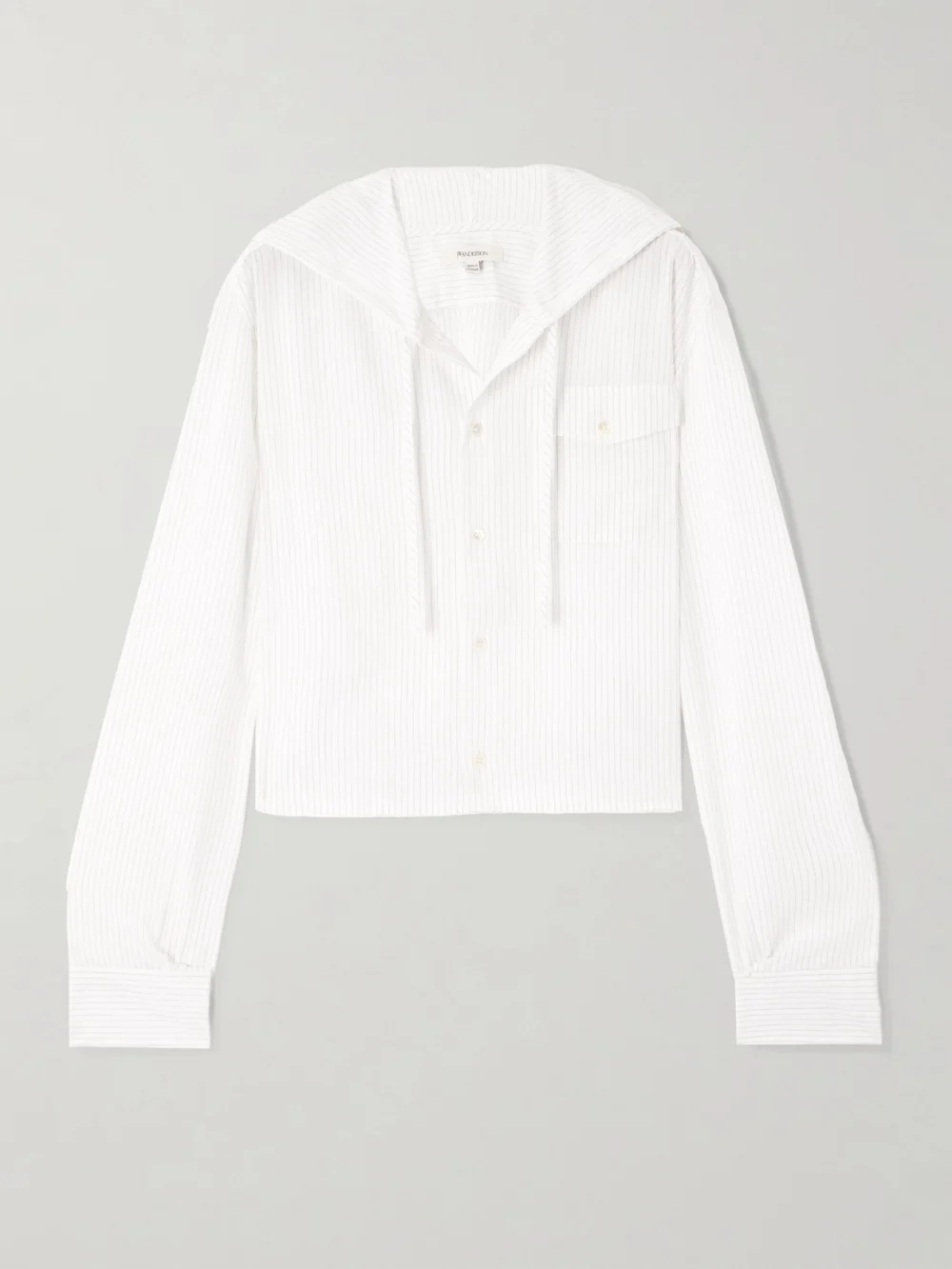 JW Anderson Cropped Hooded Pinstriped Poplin Shirt in off-white