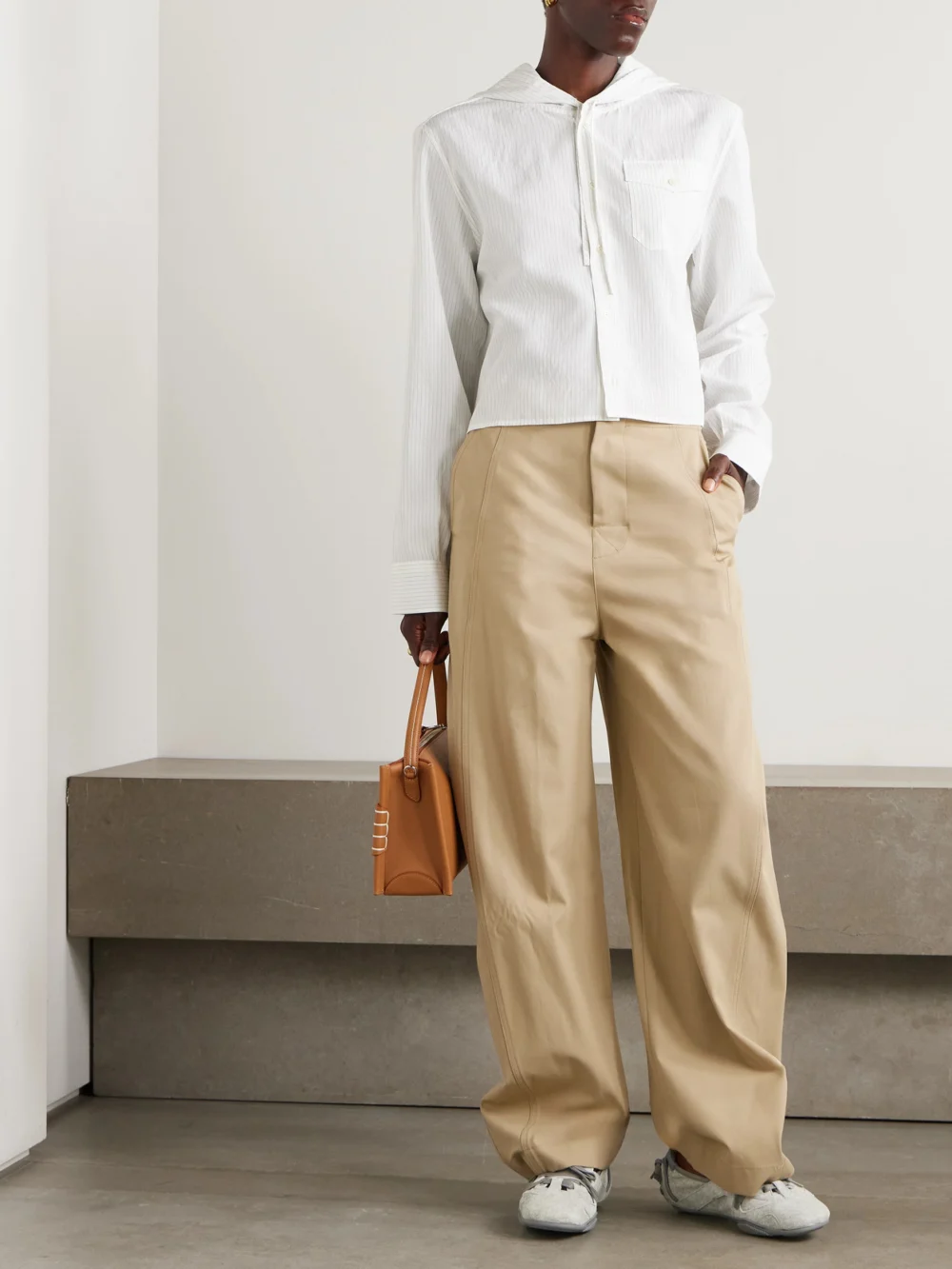JW Anderson Cropped Hooded Pinstriped Poplin Shirt, worn by a model