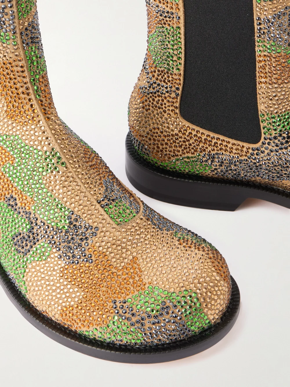 Close-up detail of the JW Anderson Crystal-embellished Suede Chelsea Boots