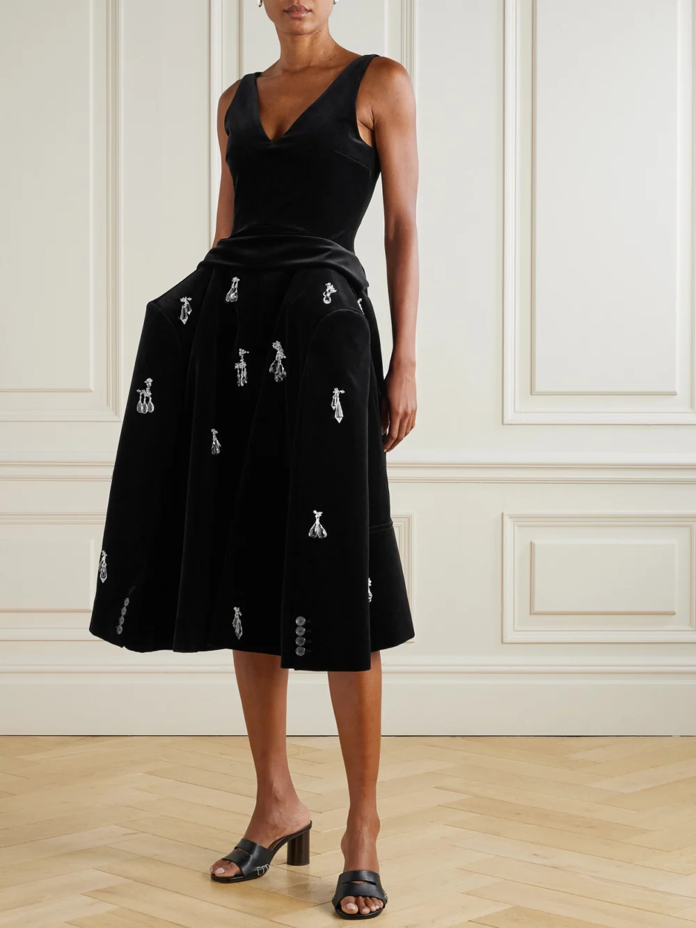 JW Anderson Embellished Padded Cotton-velvet Midi Dress, worn by a model
