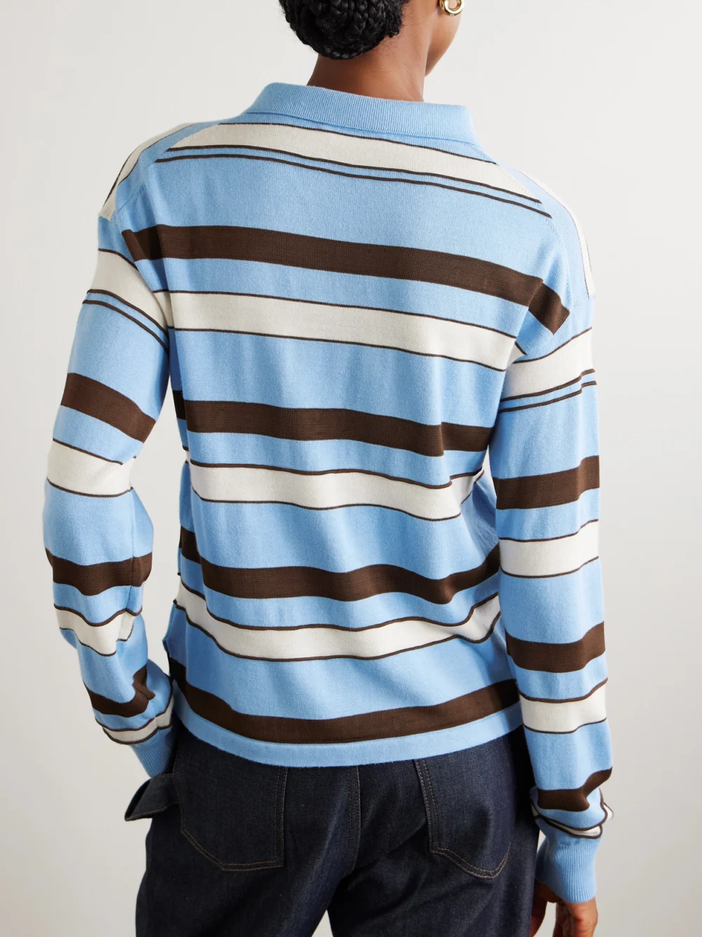 Back view of the JW Anderson Embroidered Striped Cotton and Wool-blend Polo Shirt