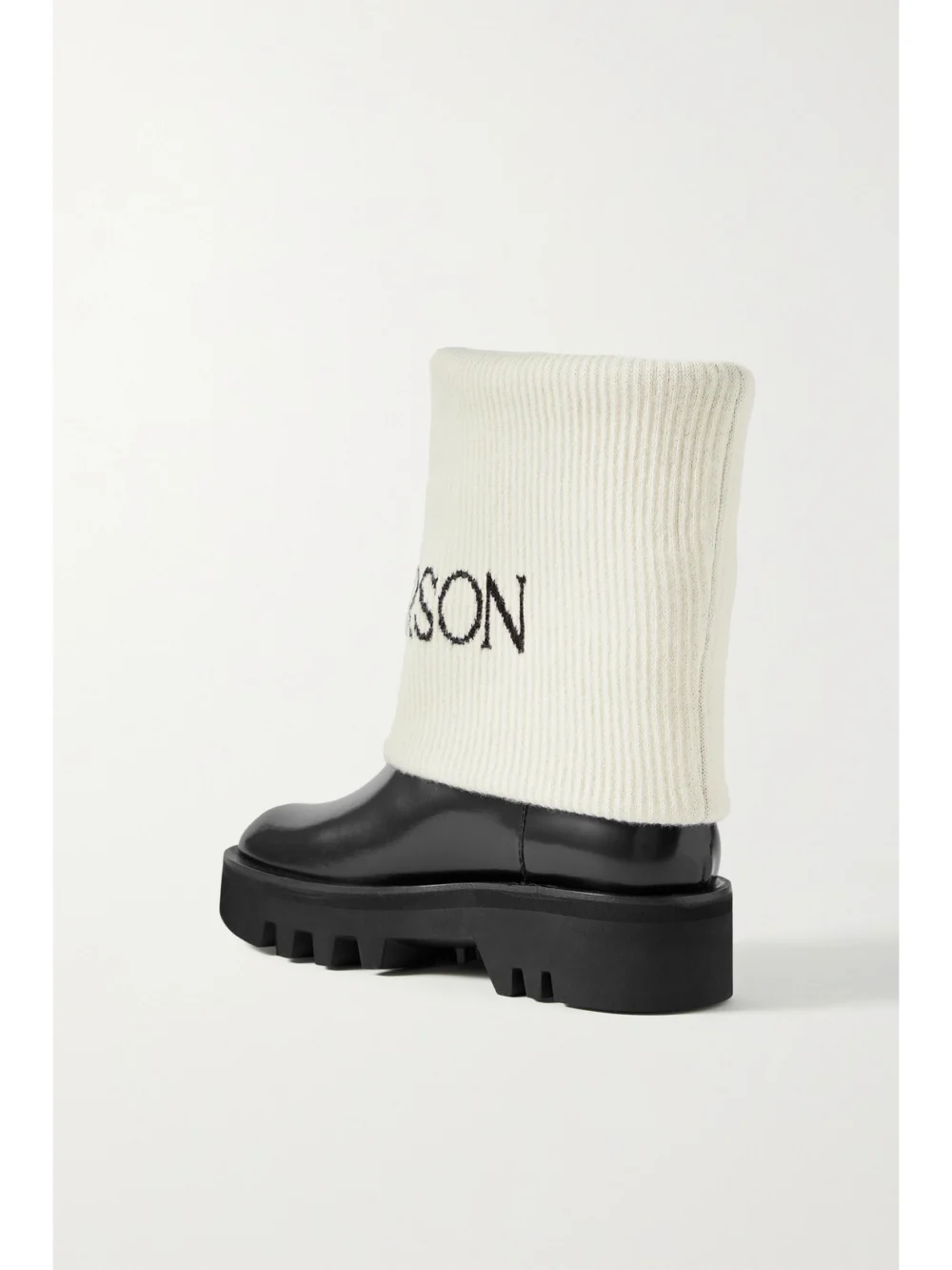 Back view of the JW Anderson Fisherman Wool Jacquard-trimmed Glossed-leather Ankle Boots