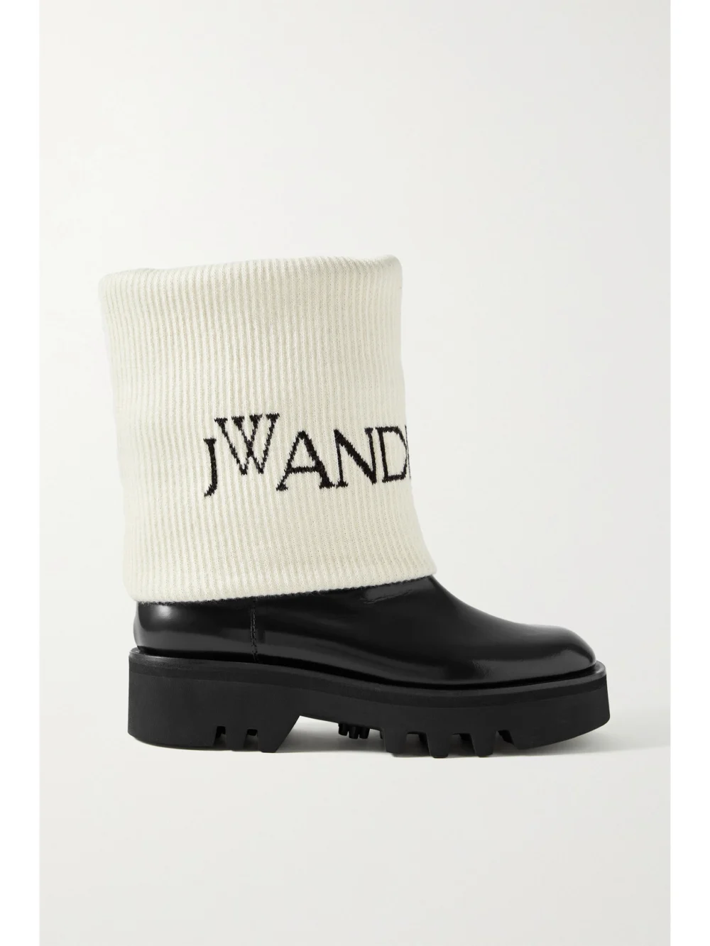JW Anderson Fisherman Wool Jacquard-trimmed Glossed-leather Ankle Boots in black