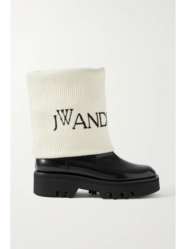 JW Anderson Fisherman Wool Jacquard-trimmed Glossed-leather Ankle Boots