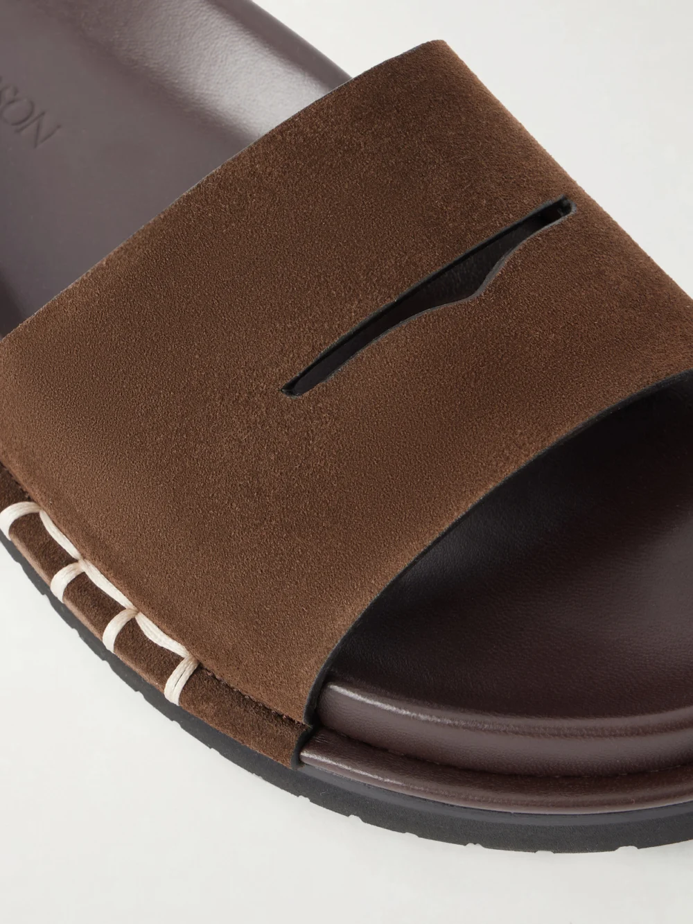 Close-up detail of the JW Anderson Fussbett Suede Slides
