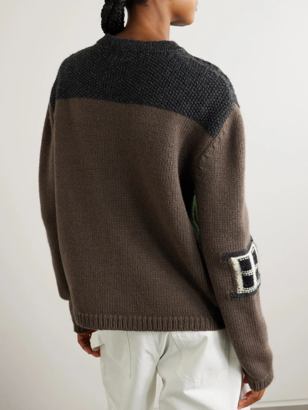 Back view of the JW Anderson House Embroidered Intarsia-knit Merino Wool Cardigan