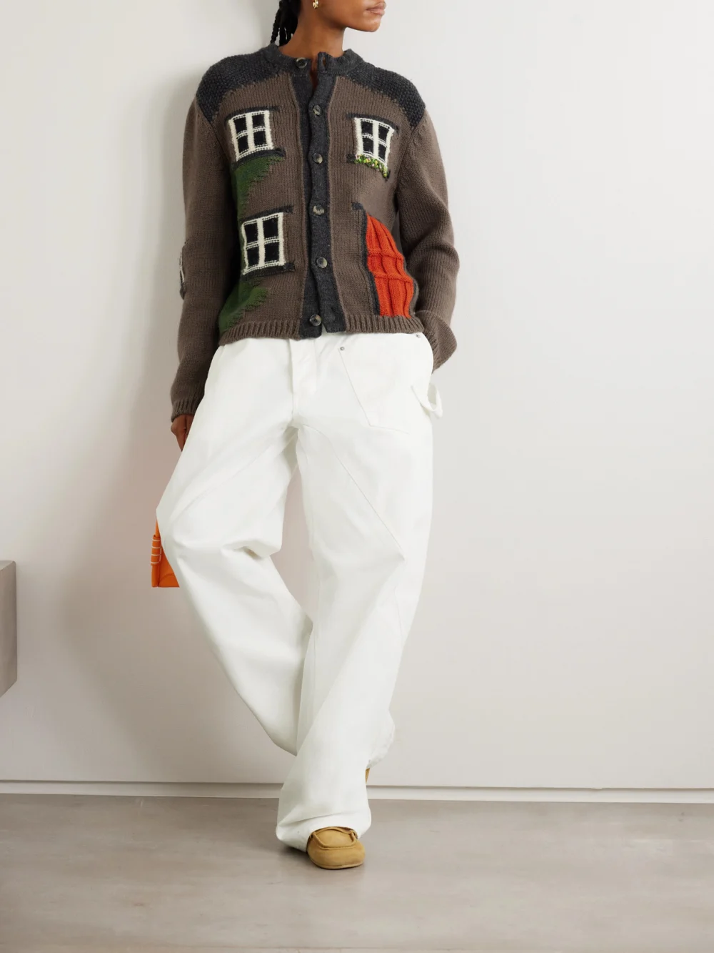 JW Anderson House Embroidered Intarsia-knit Merino Wool Cardigan, worn by a model