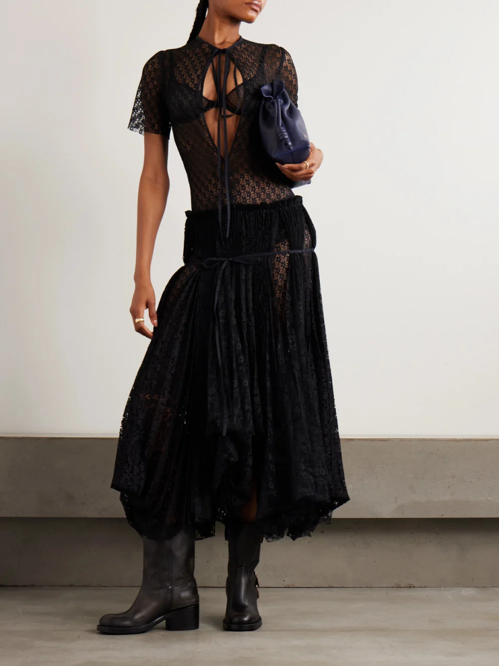 JW Anderson Layered Gathered Lace Maxi Dress, worn by a model