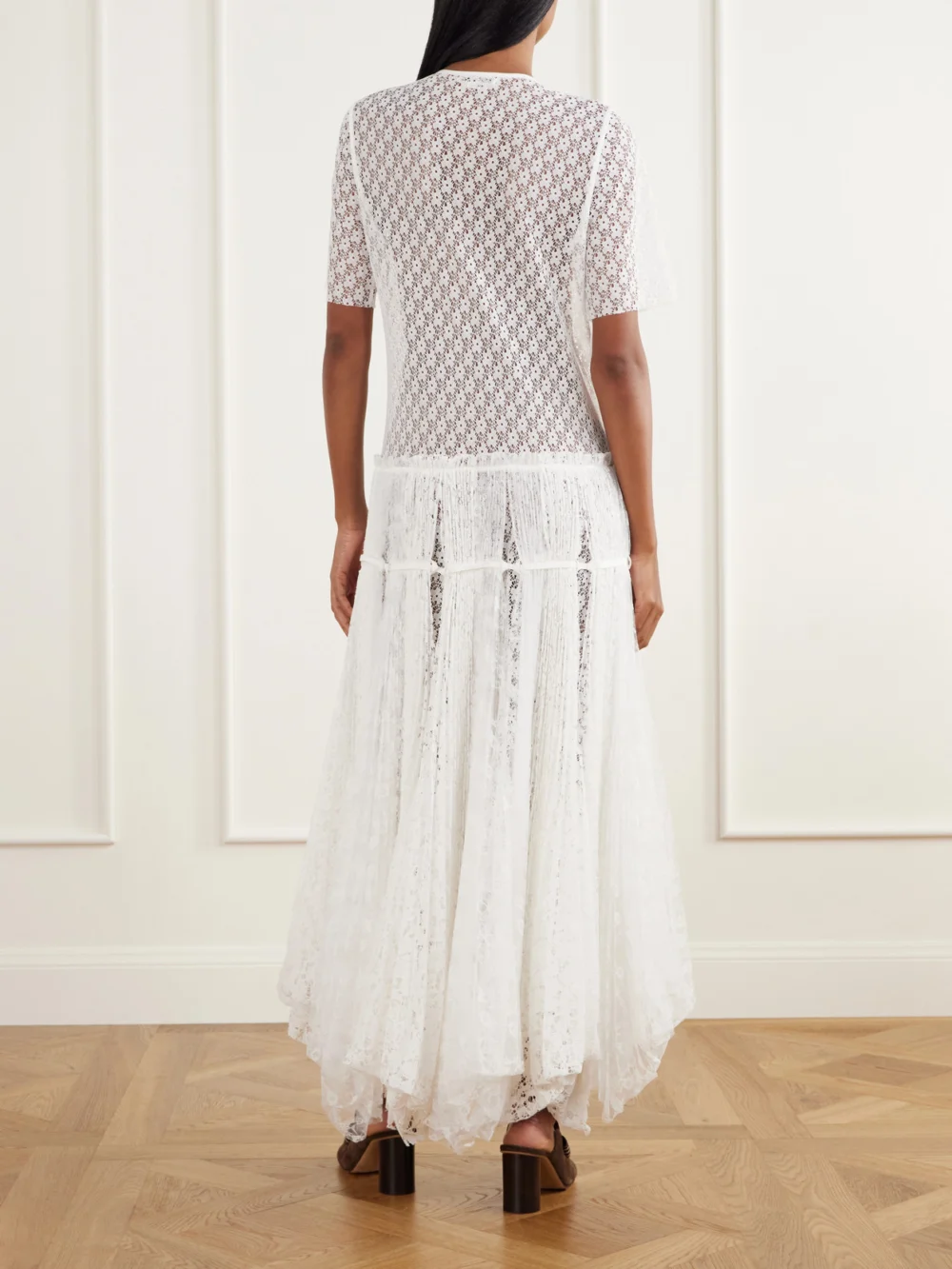 Back view of the JW Anderson Layered Gathered Lace Maxi Dress