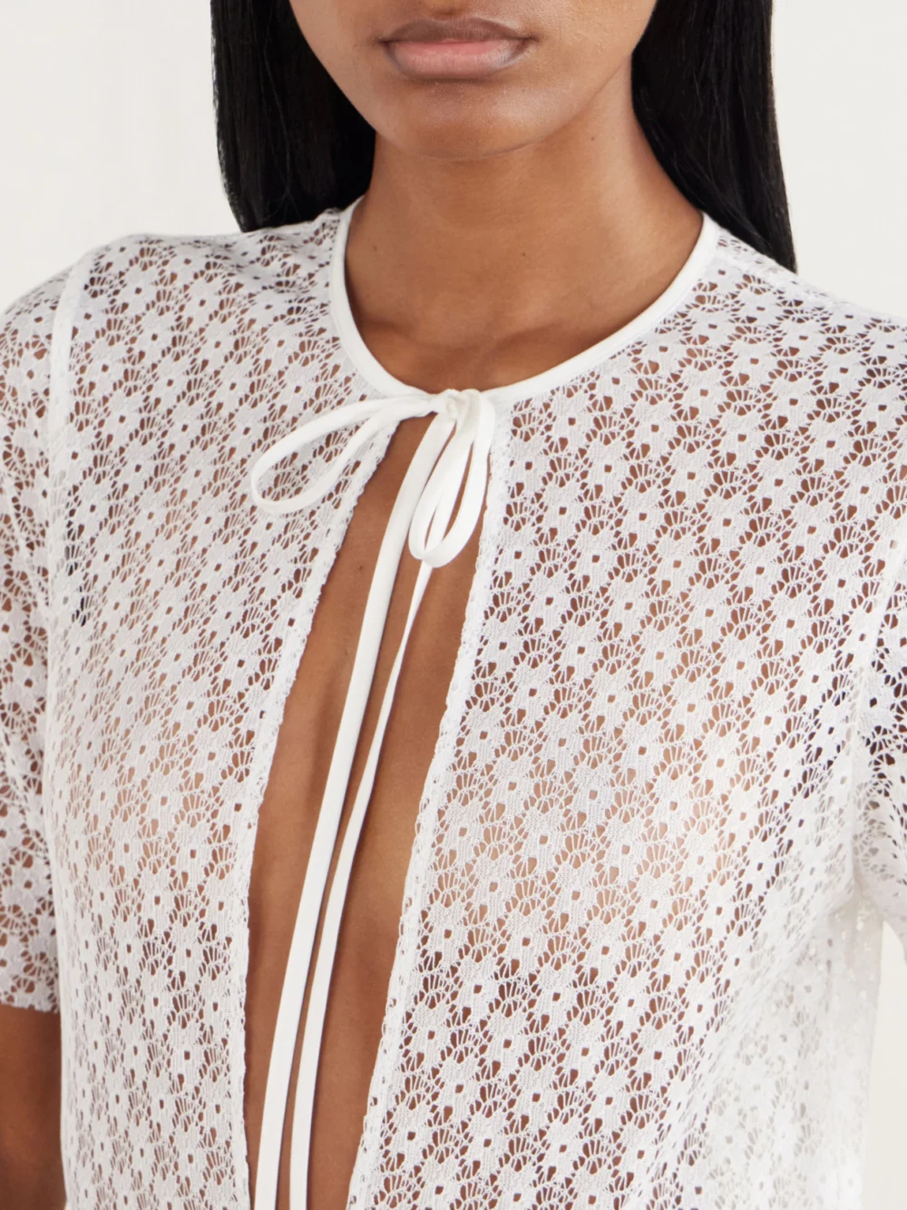 Close-up detail of the JW Anderson Layered Gathered Lace Maxi Dress