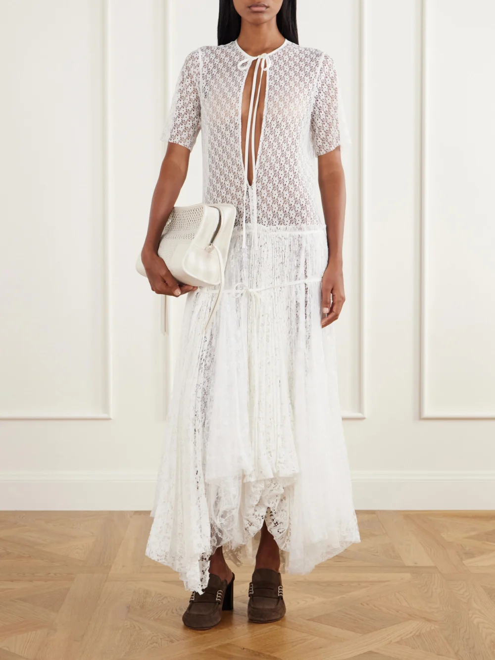 JW Anderson Layered Gathered Lace Maxi Dress, worn by a model