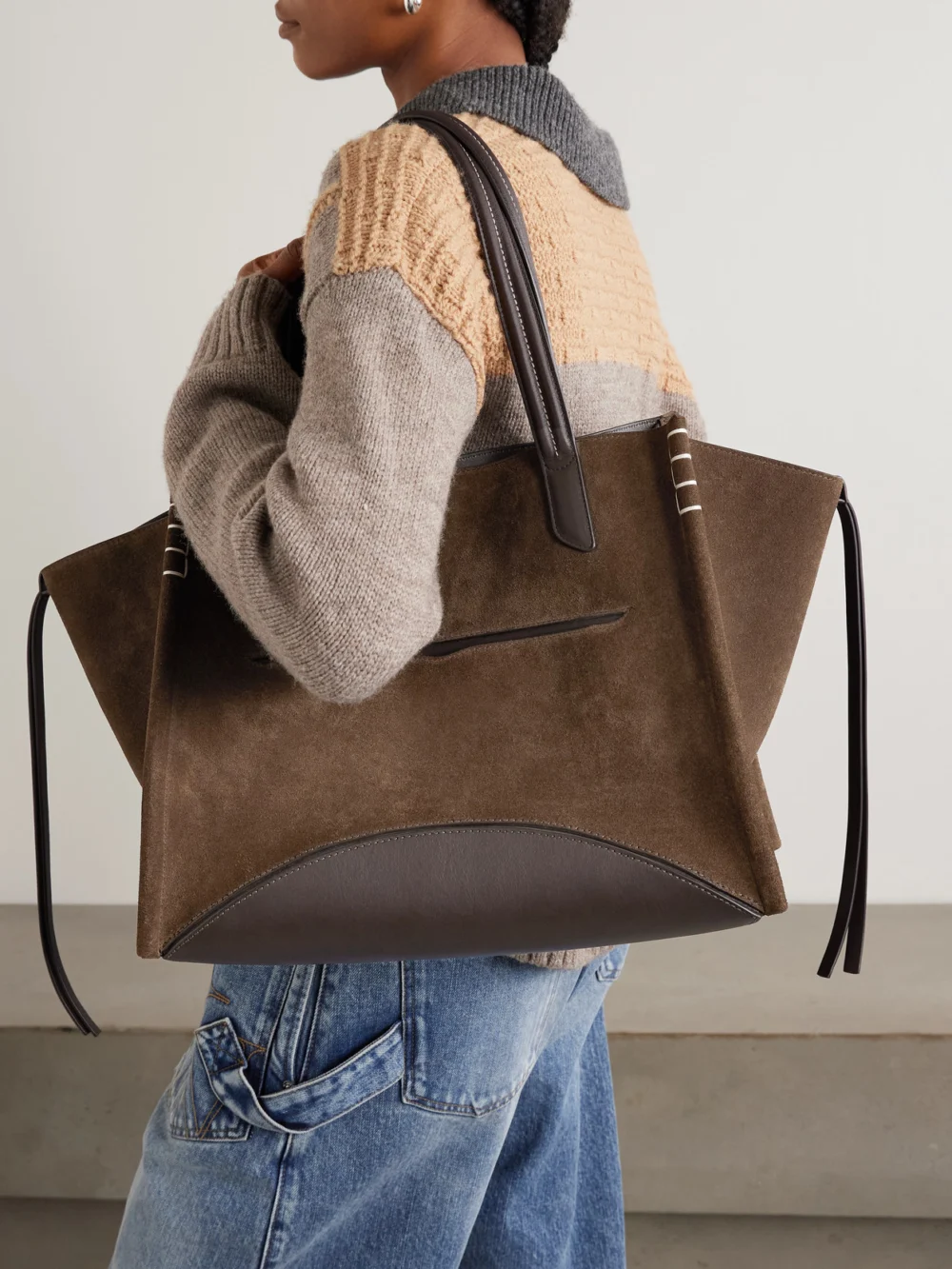 JW Anderson Loafer Cabas Tasseled Leather-trimmed Suede Shoulder Bag, styled view