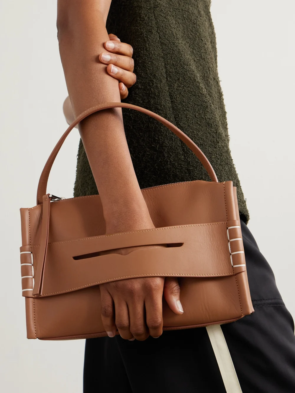 JW Anderson Loafer Embroidered Leather Shoulder Bag, styled view