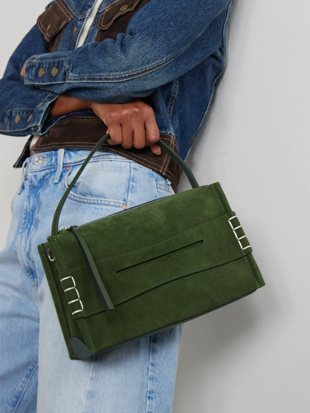 JW Anderson Loafer Embroidered Suede Shoulder Bag, styled view
