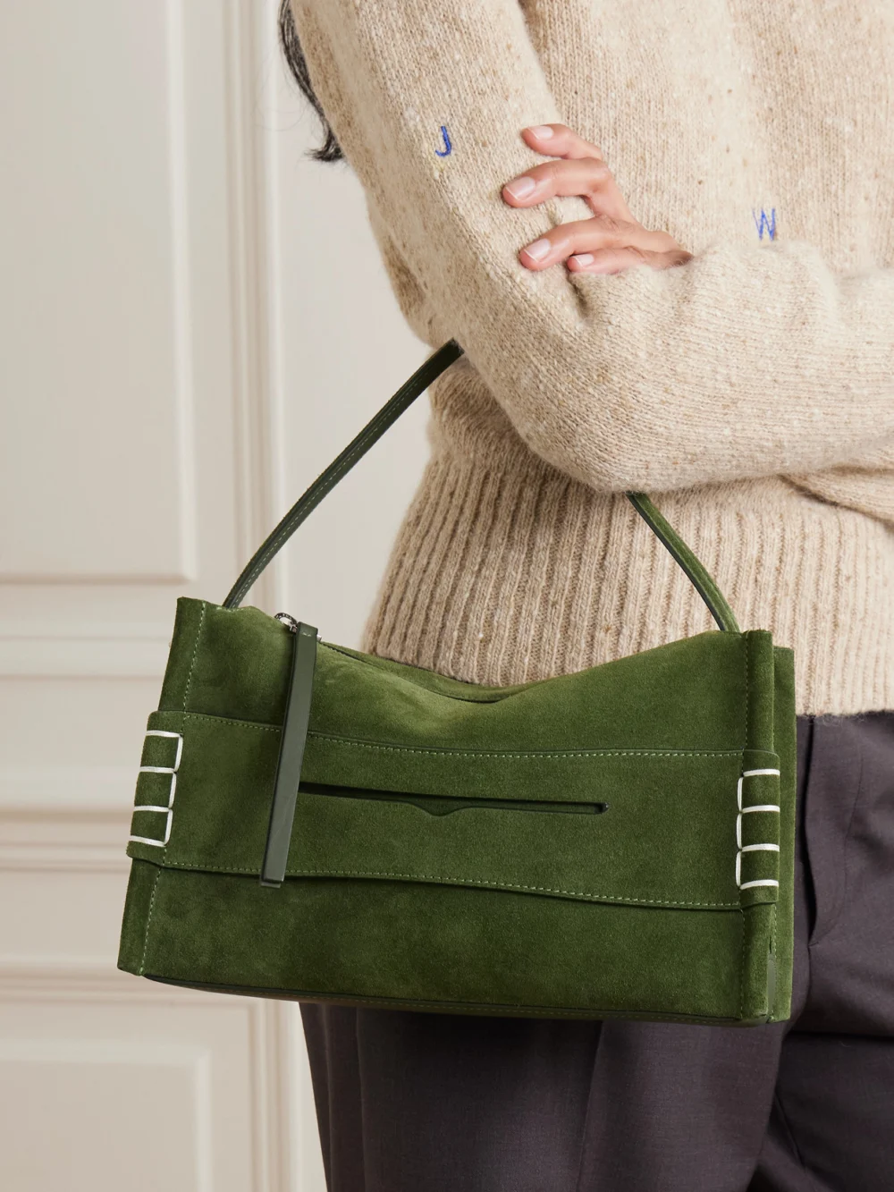 JW Anderson Loafer Small Suede Shoulder Bag, styled view