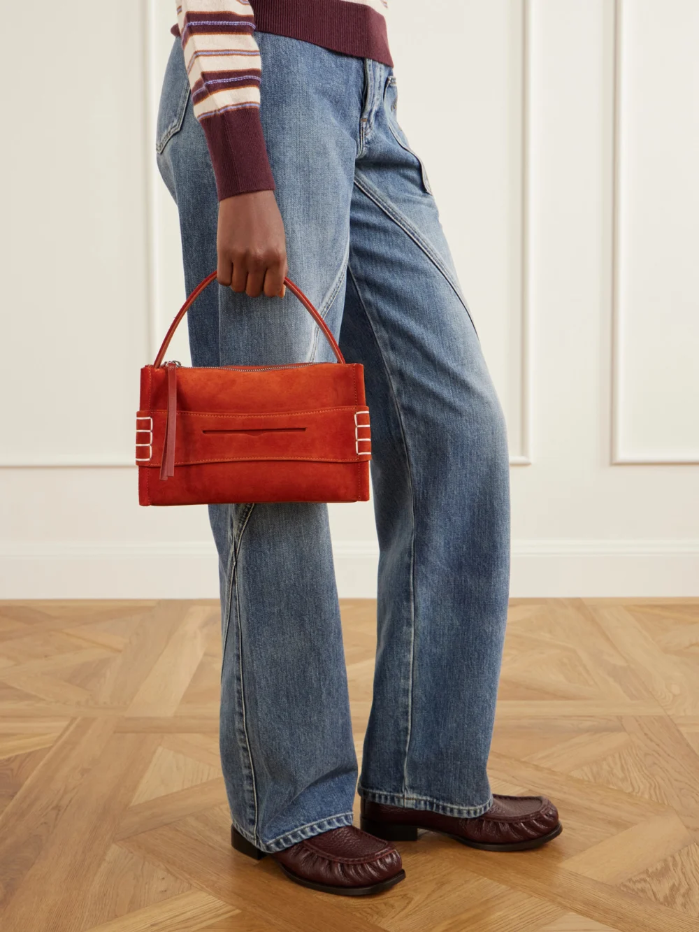 JW Anderson Loafer Small Suede Shoulder Bag, styled view