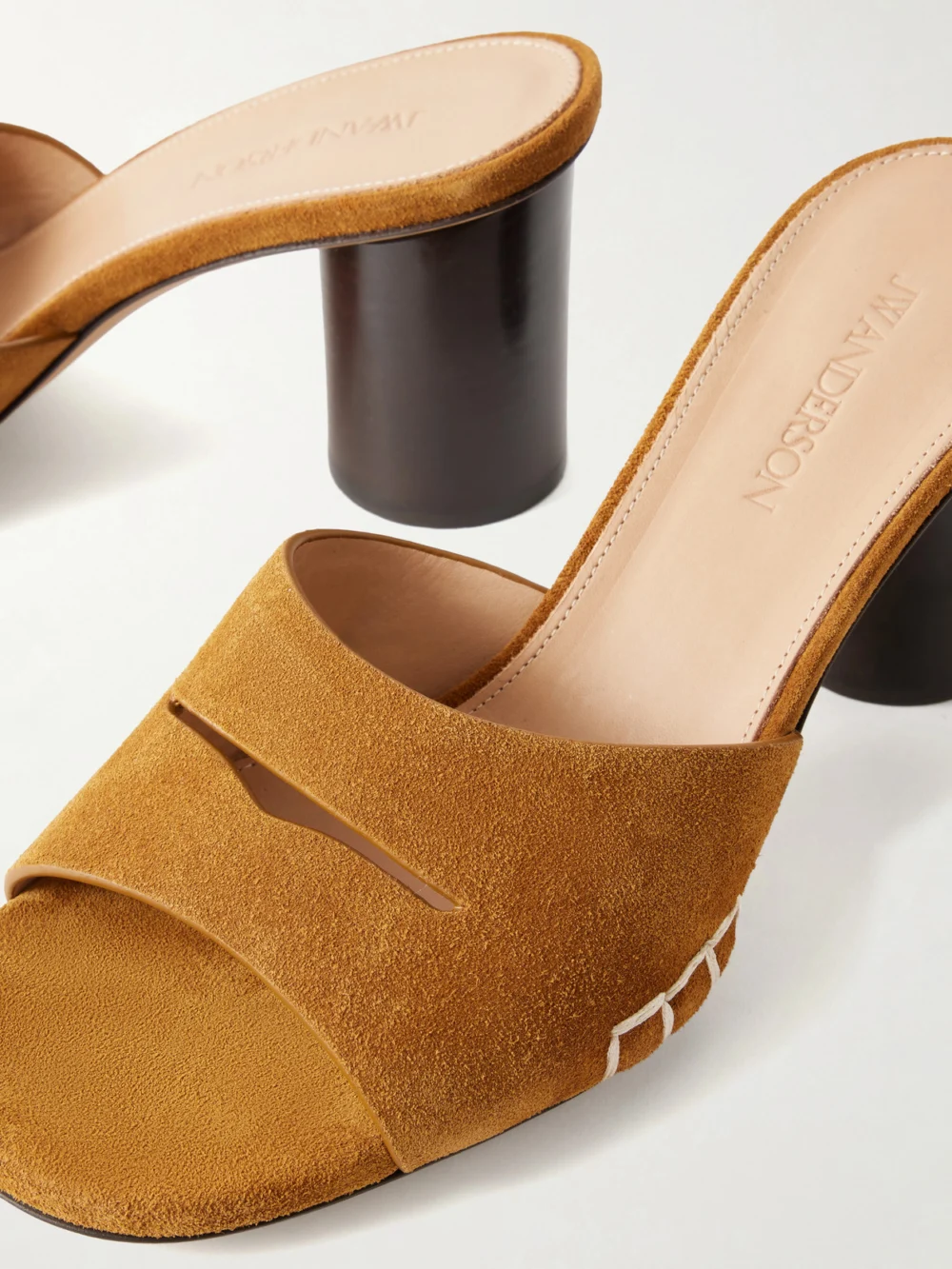 Close-up detail of the JW Anderson Loafer Suede Mules