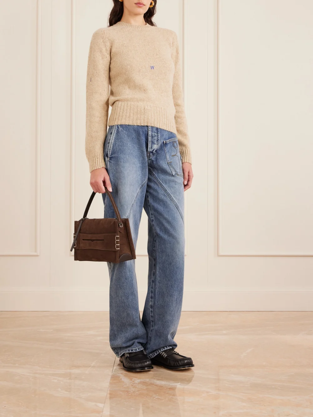 JW Anderson Loafer Suede Shoulder Bag, styled view