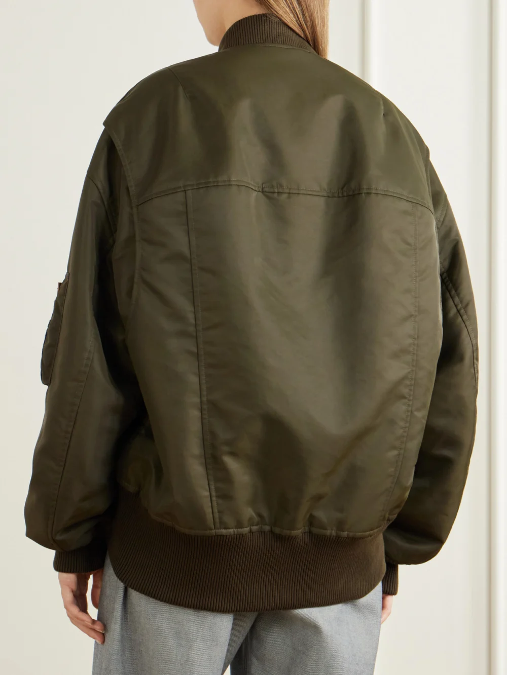 Back view of the JW Anderson Oversized Tipped Hem Rib-trimmed Satin Bomber Jacket