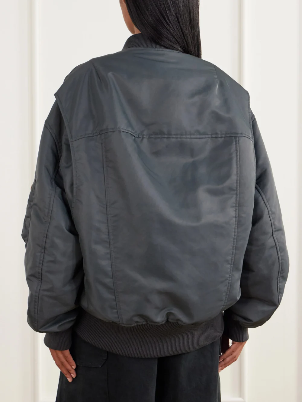Back view of the JW Anderson Oversized Tipped Hem Rib-trimmed Satin Bomber Jacket