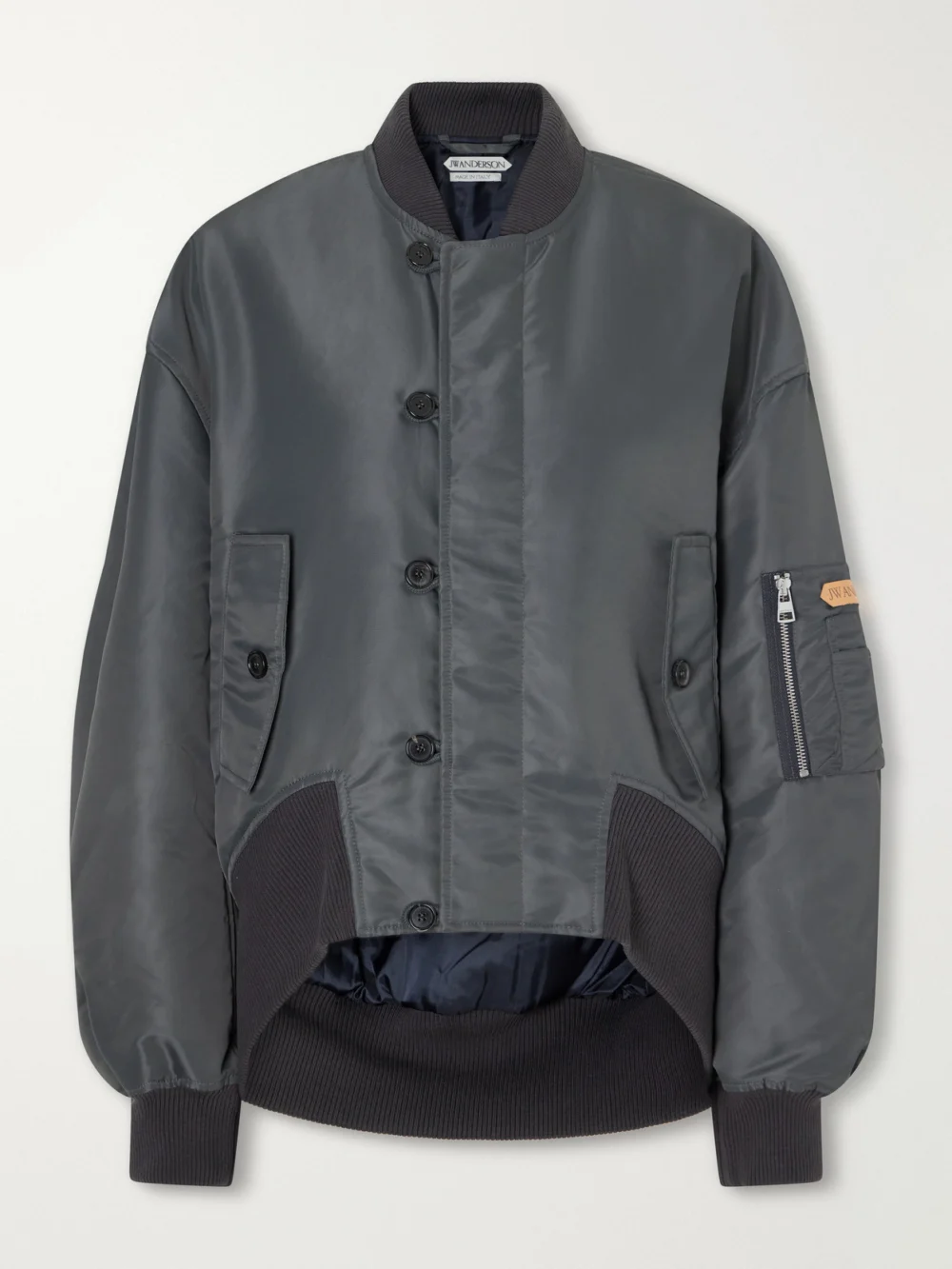 JW Anderson Oversized Tipped Hem Rib-trimmed Satin Bomber Jacket in dark gray