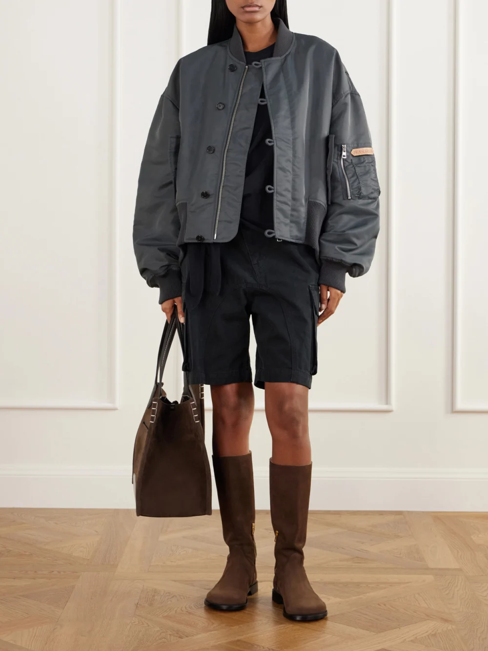 JW Anderson Oversized Tipped Hem Rib-trimmed Satin Bomber Jacket, worn by a model