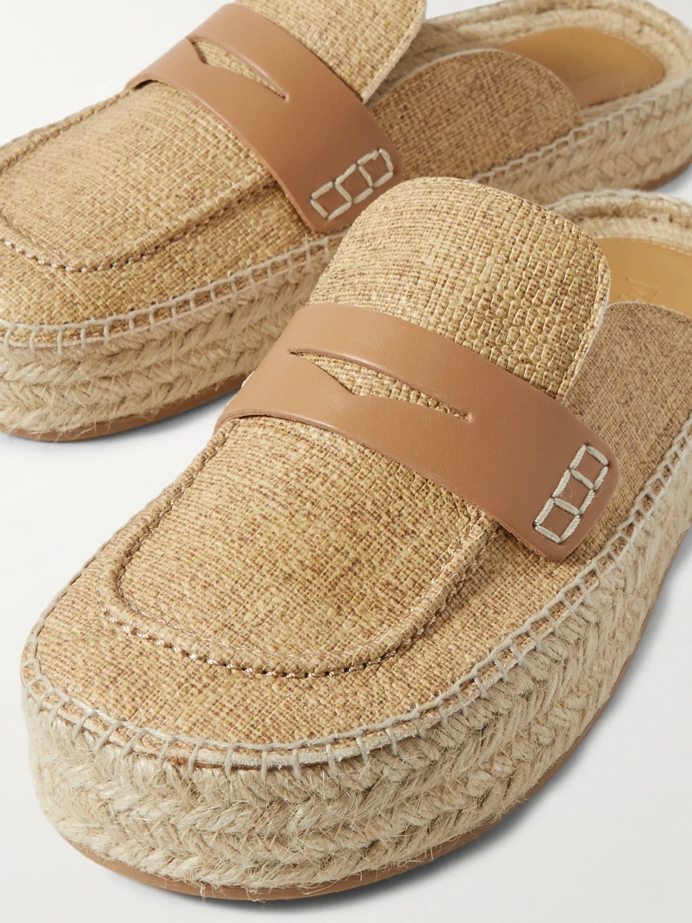 Close-up detail of the JW Anderson Printed Textured-leather Espadrille Mules