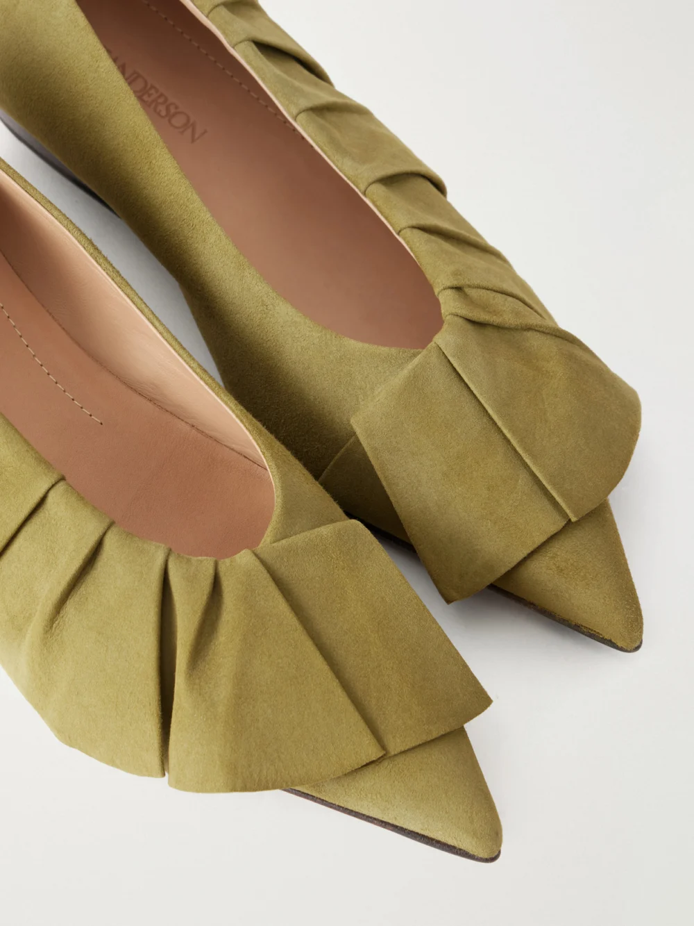 Close-up detail of the JW Anderson Ruffled Nubuck-trimmed Suede Ballet Flats