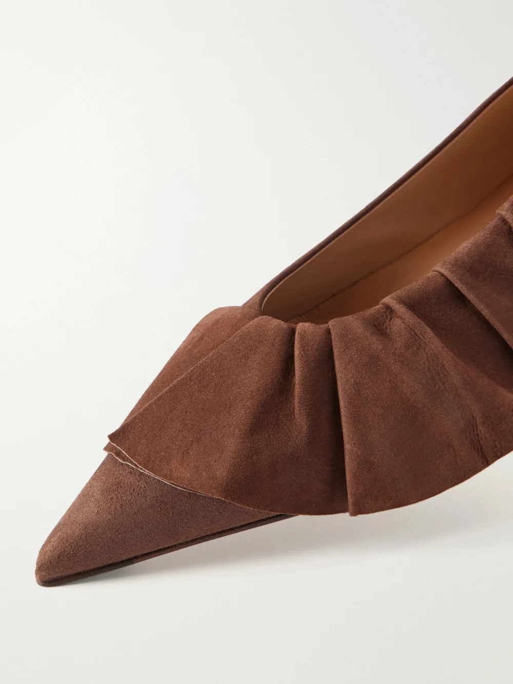Close-up detail of the JW Anderson Ruffled Nubuck-trimmed Suede Ballet Flats