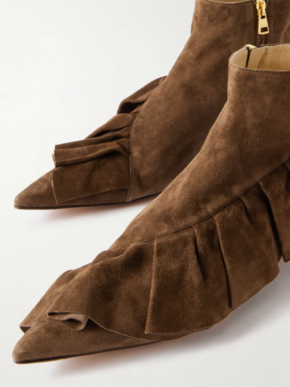 Close-up detail of the JW Anderson Ruffled Suede Ankle Boots