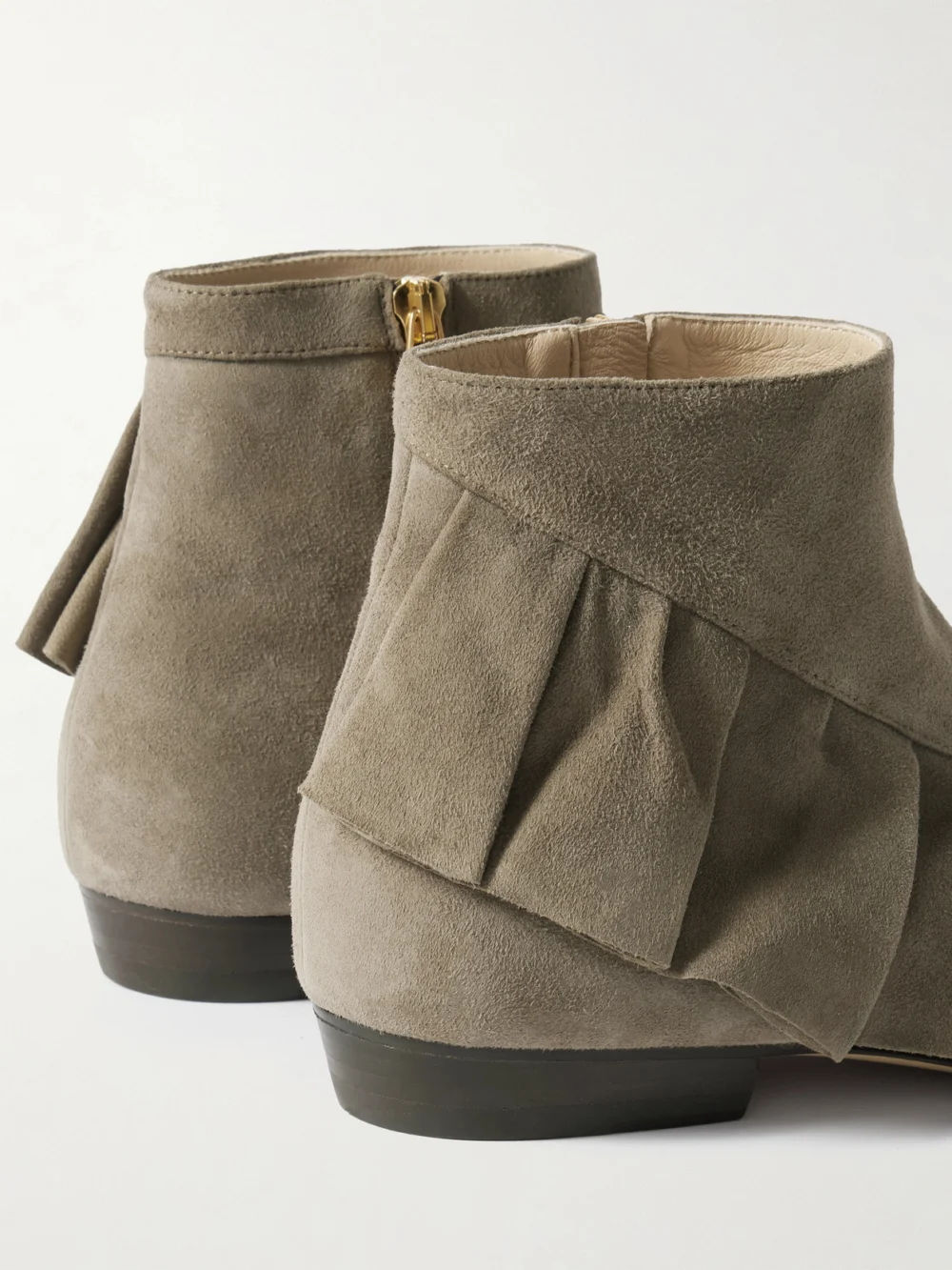 Close-up detail of the JW Anderson Ruffled Suede Ankle Boots
