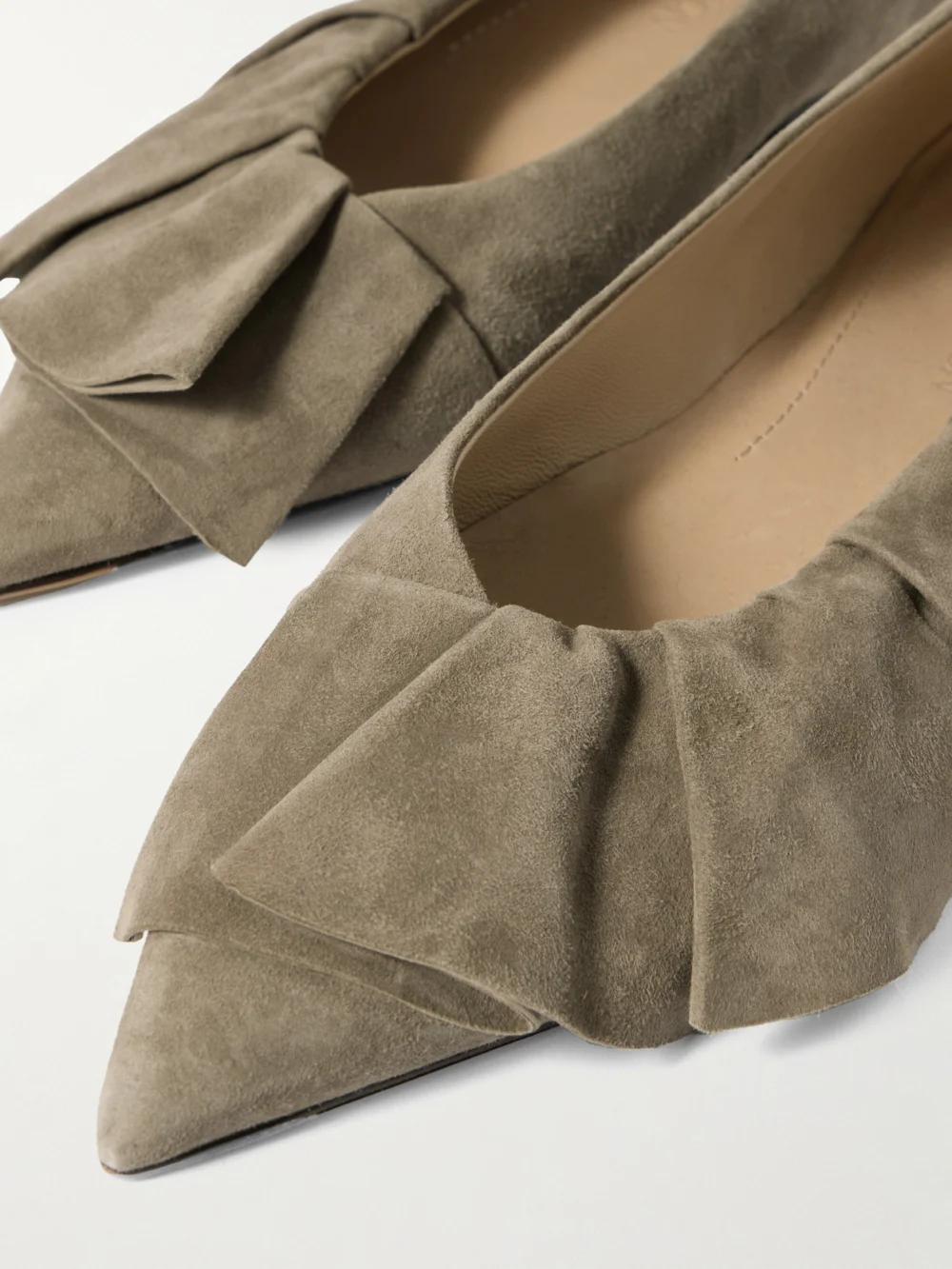 Close-up detail of the JW Anderson Ruffled Suede Ballet Flats