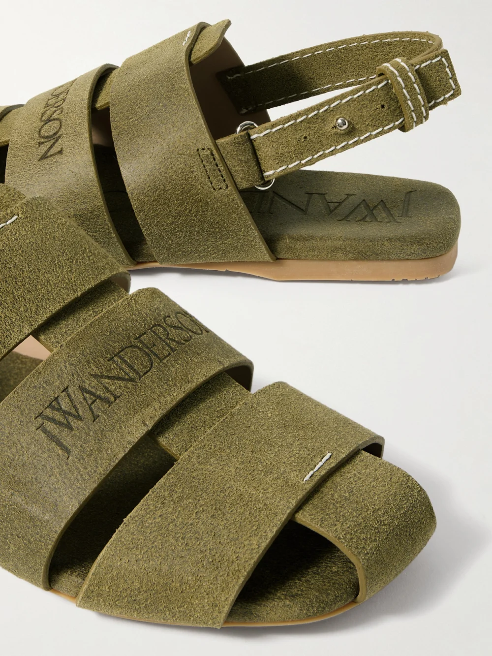 Close-up detail of the JW Anderson Suede Sandals