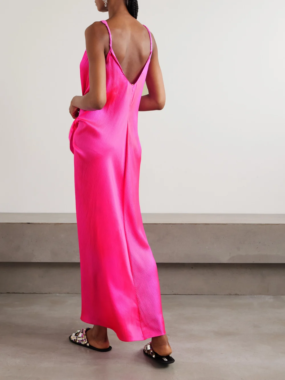 Back view of the JW Anderson Tie-detailed Crinkled-silk Maxi Dress