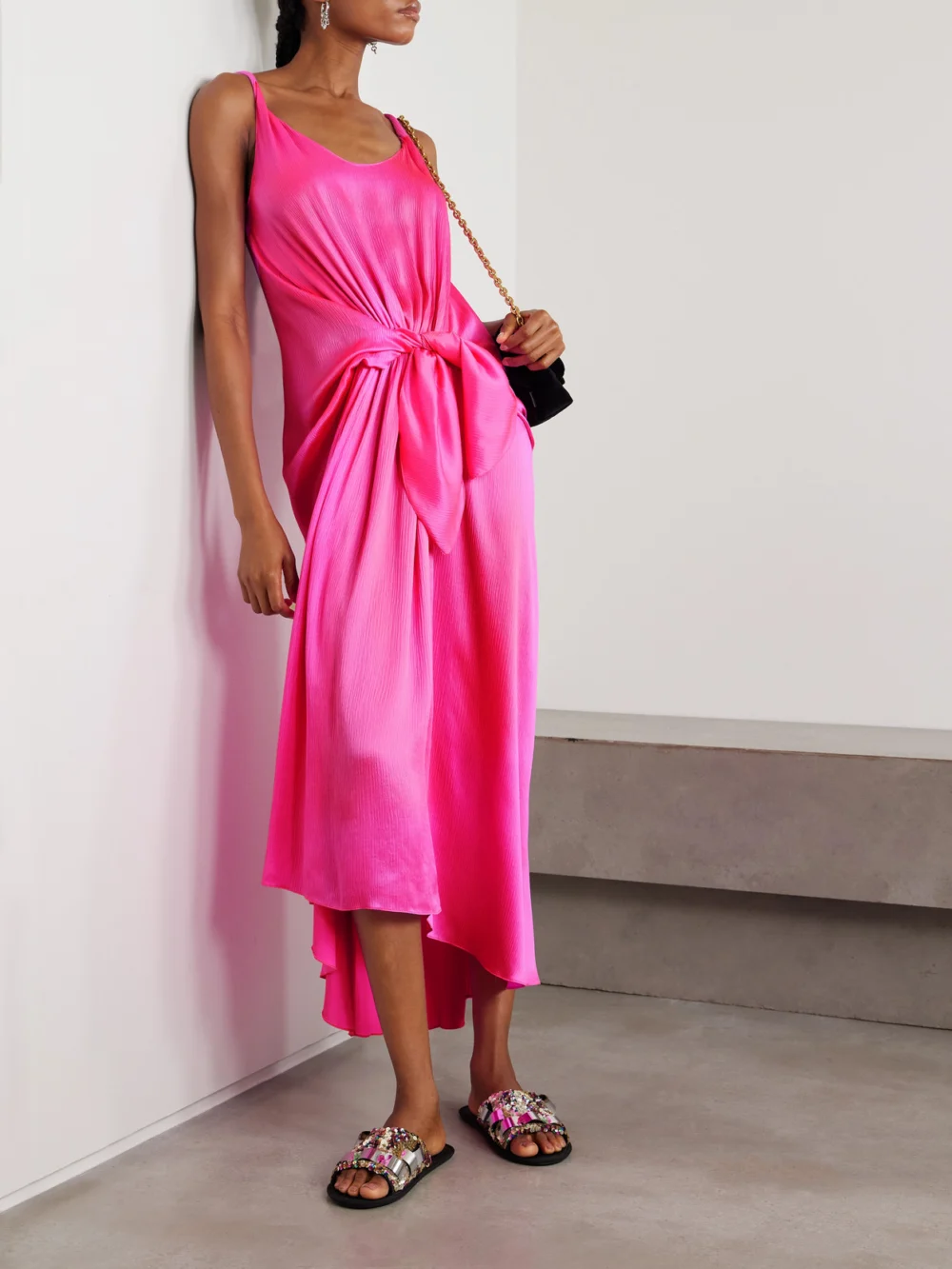 JW Anderson Tie-detailed Crinkled-silk Maxi Dress, worn by a model