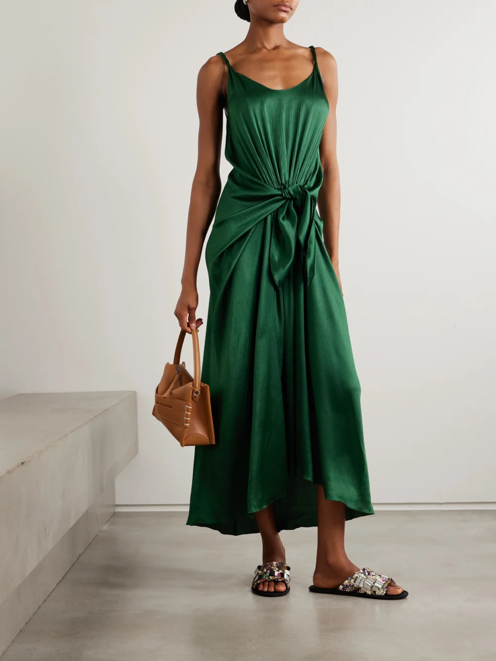 JW Anderson Tie-detailed Crinkled-silk Maxi Dress, worn by a model