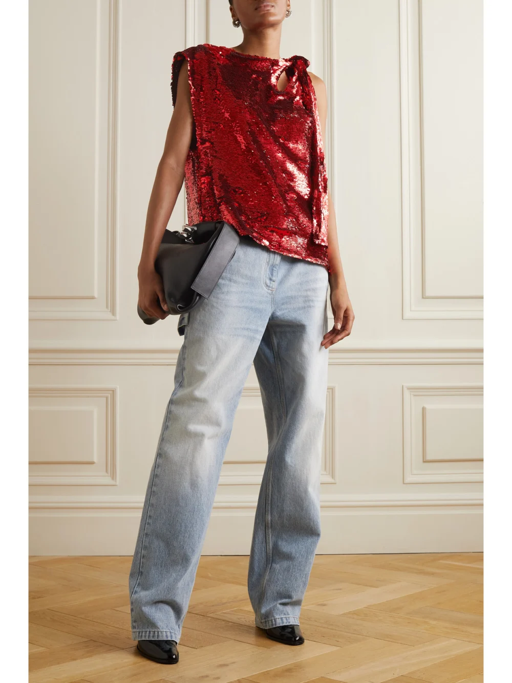 JW Anderson Tie-detailed Sequined Satin Top, worn by a model