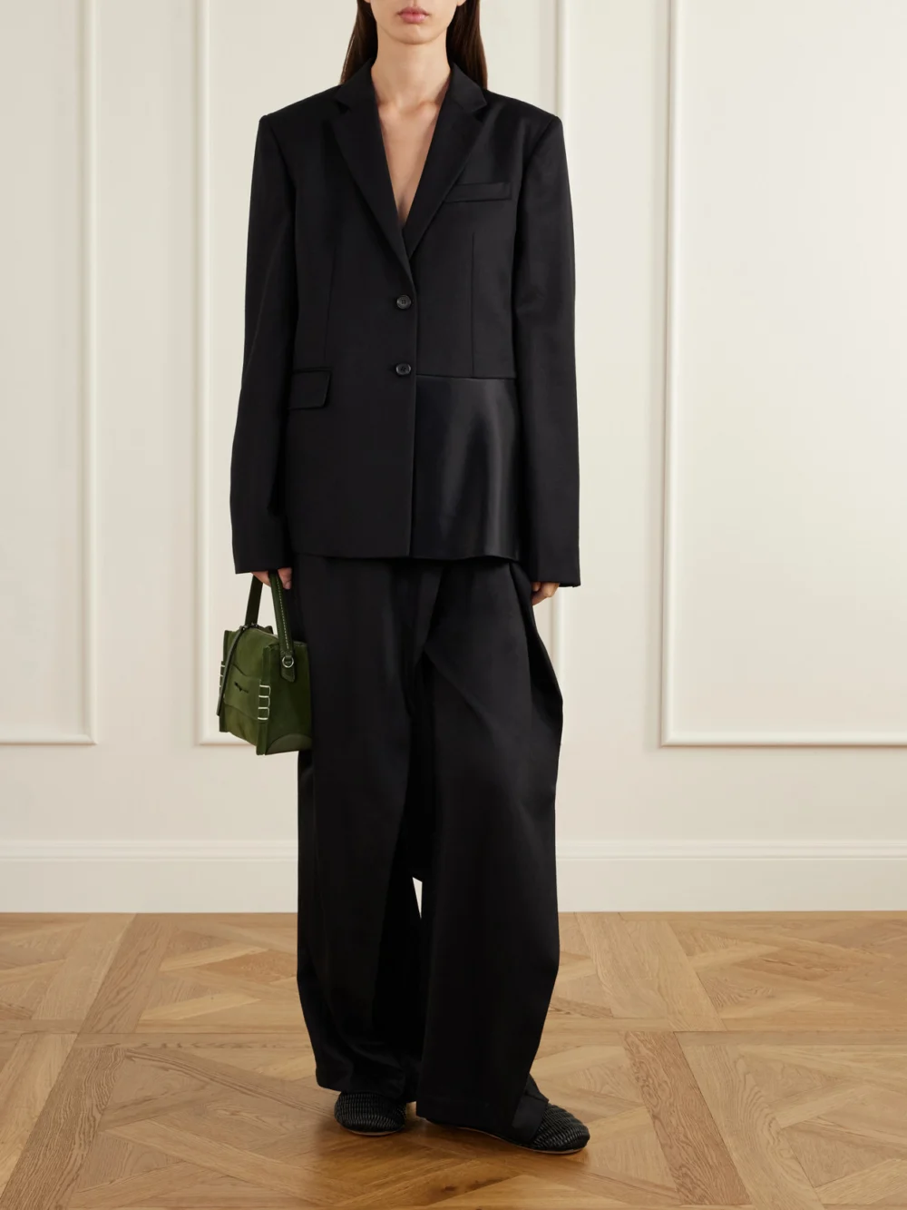 JW Anderson Trail Hem Satin-trimmed Wool-twill Jacket, worn by a model