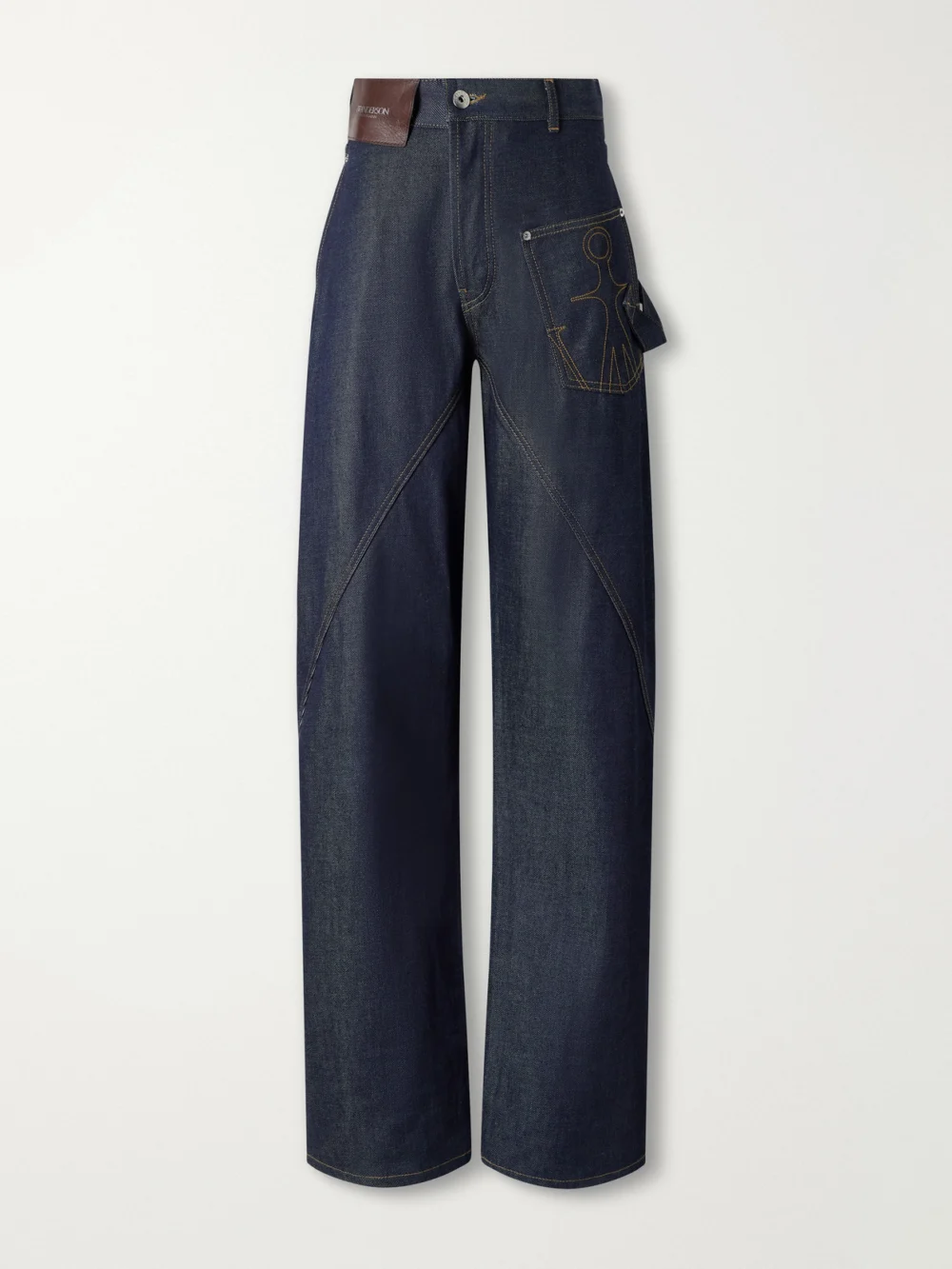 JW Anderson Twisted Asymmetric Embroidered High-rise Jeans in indigo