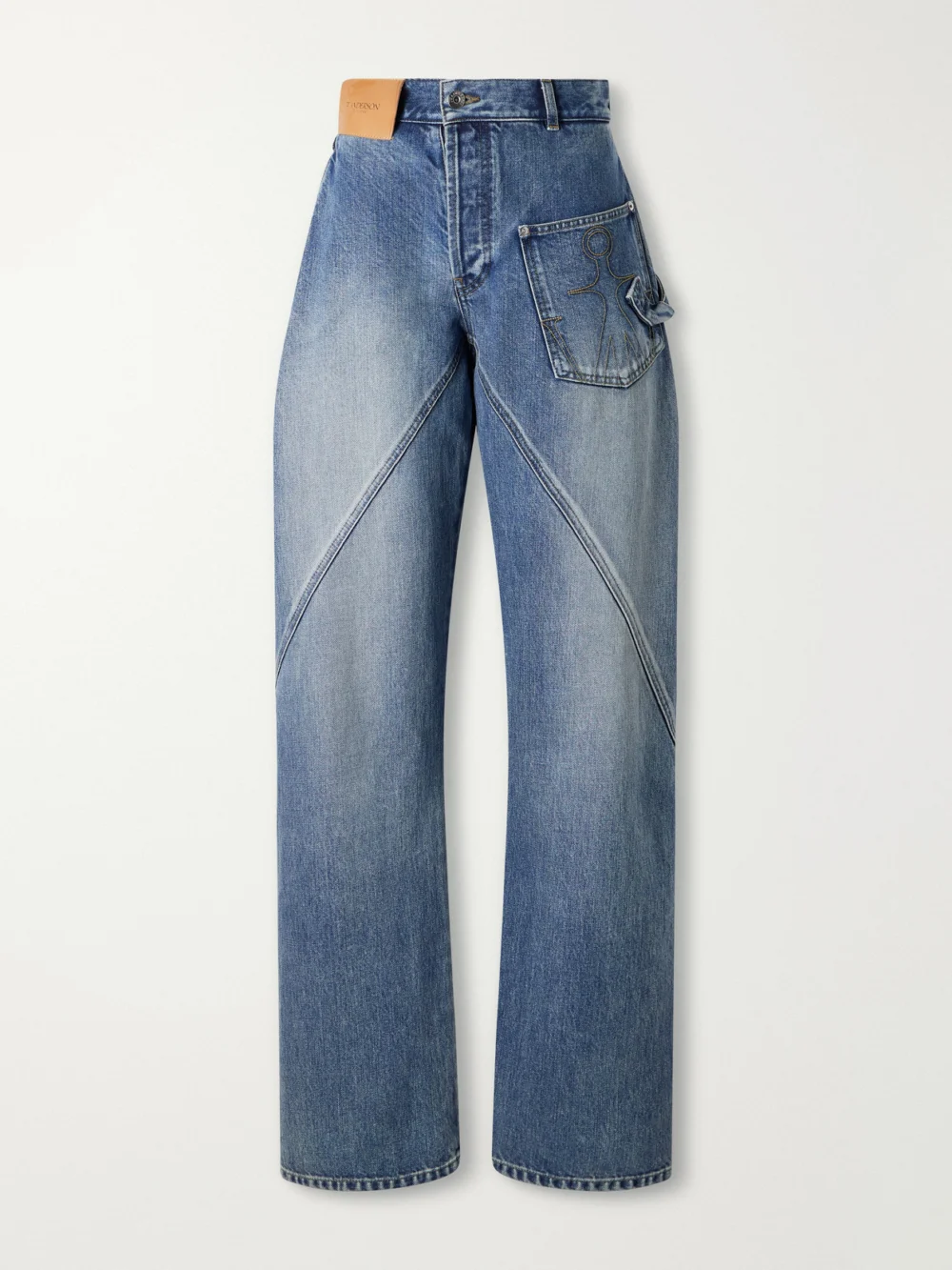 JW Anderson Twisted Asymmetric Embroidered High-rise Jeans in mid denim