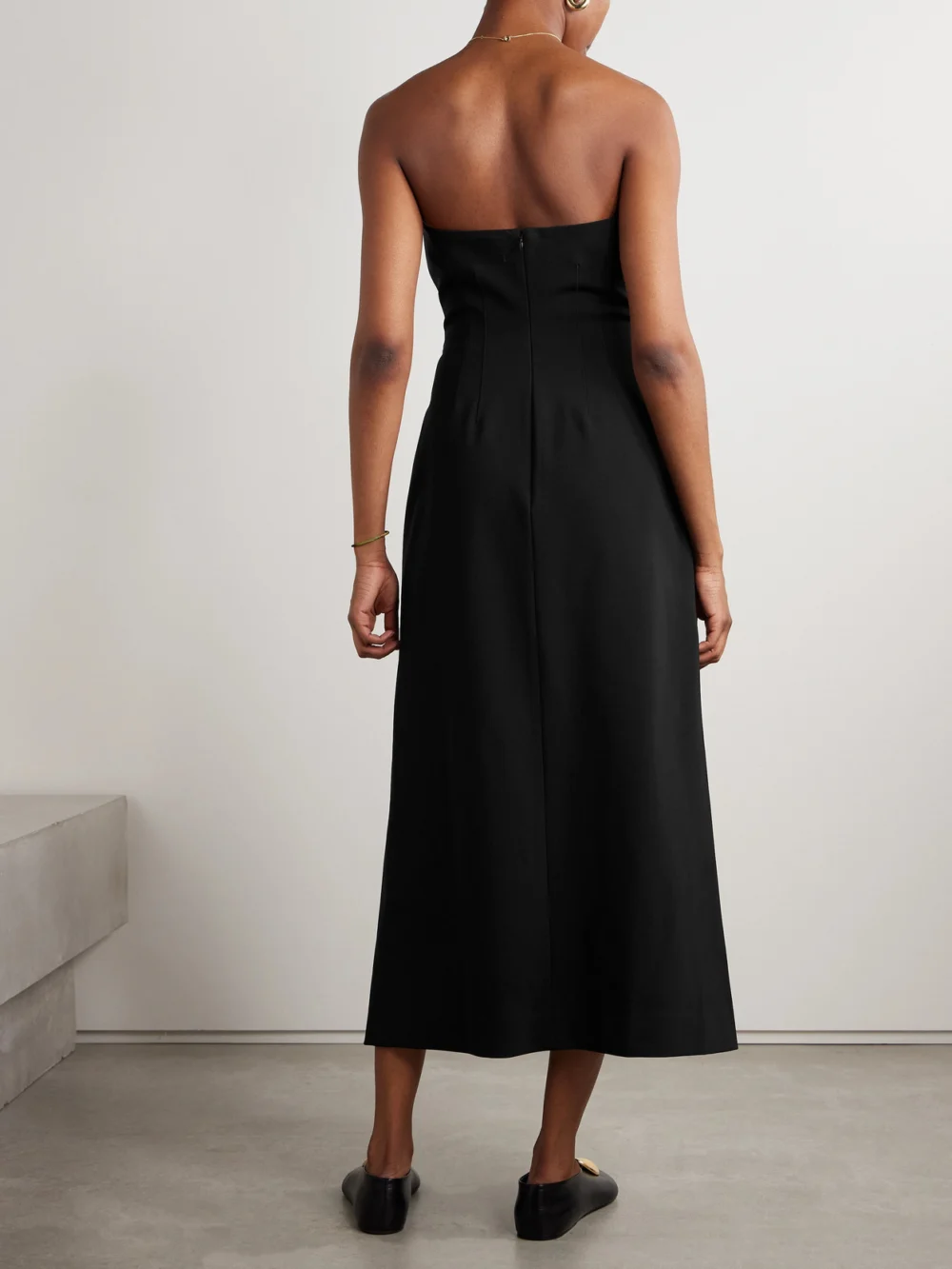 Back view of the Kallmeyer Blaise Strapless Crepe Midi Dress