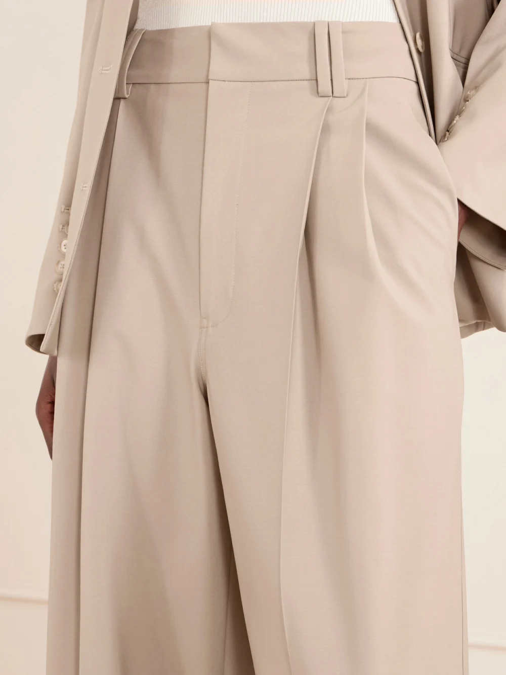 Close-up detail of the Kallmeyer Fatima Pleated Wool-blend Wide-leg Pants