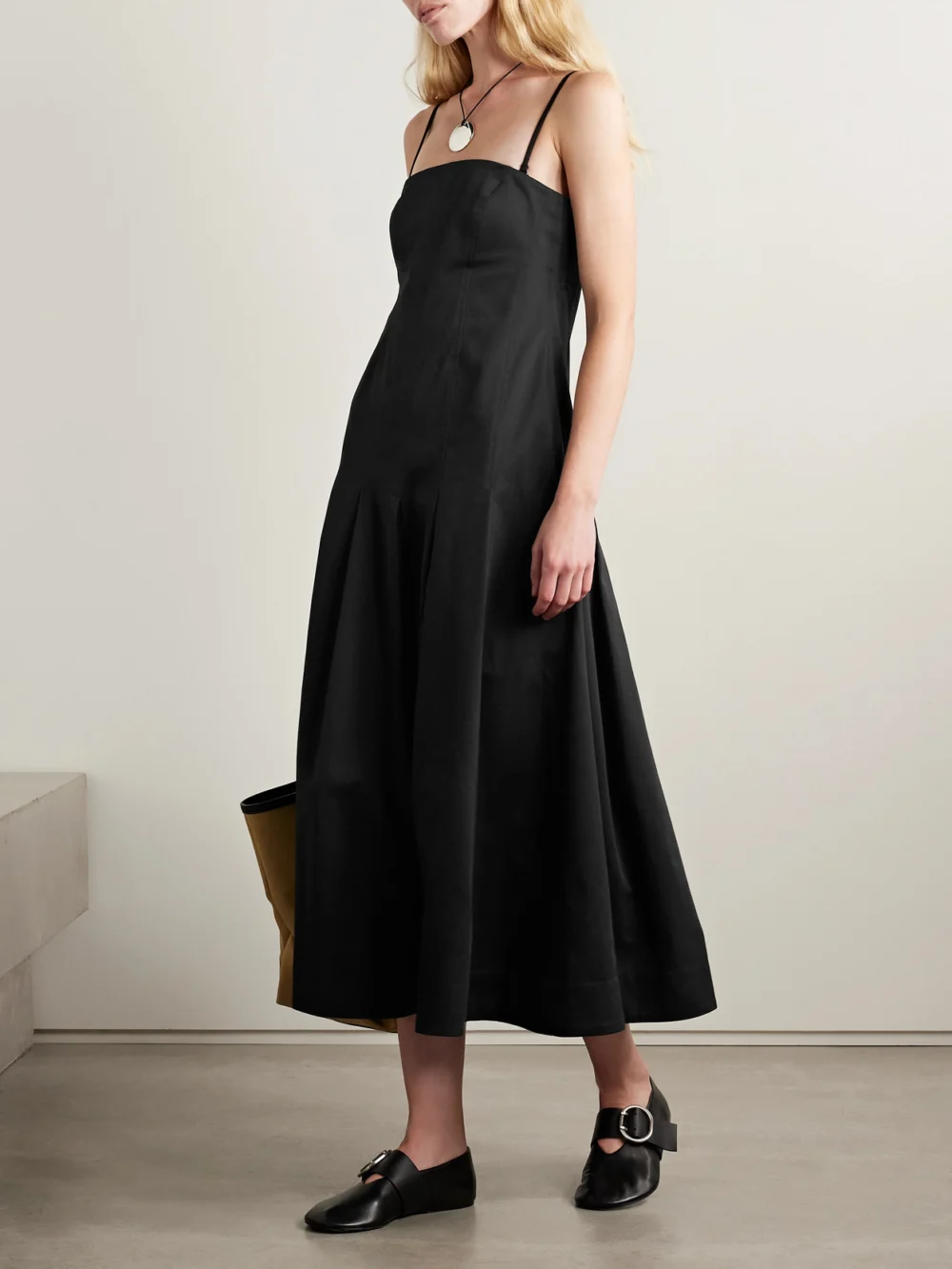 Kallmeyer Maeve Pleated Cotton-blend Twill Midi Dress, worn by a model