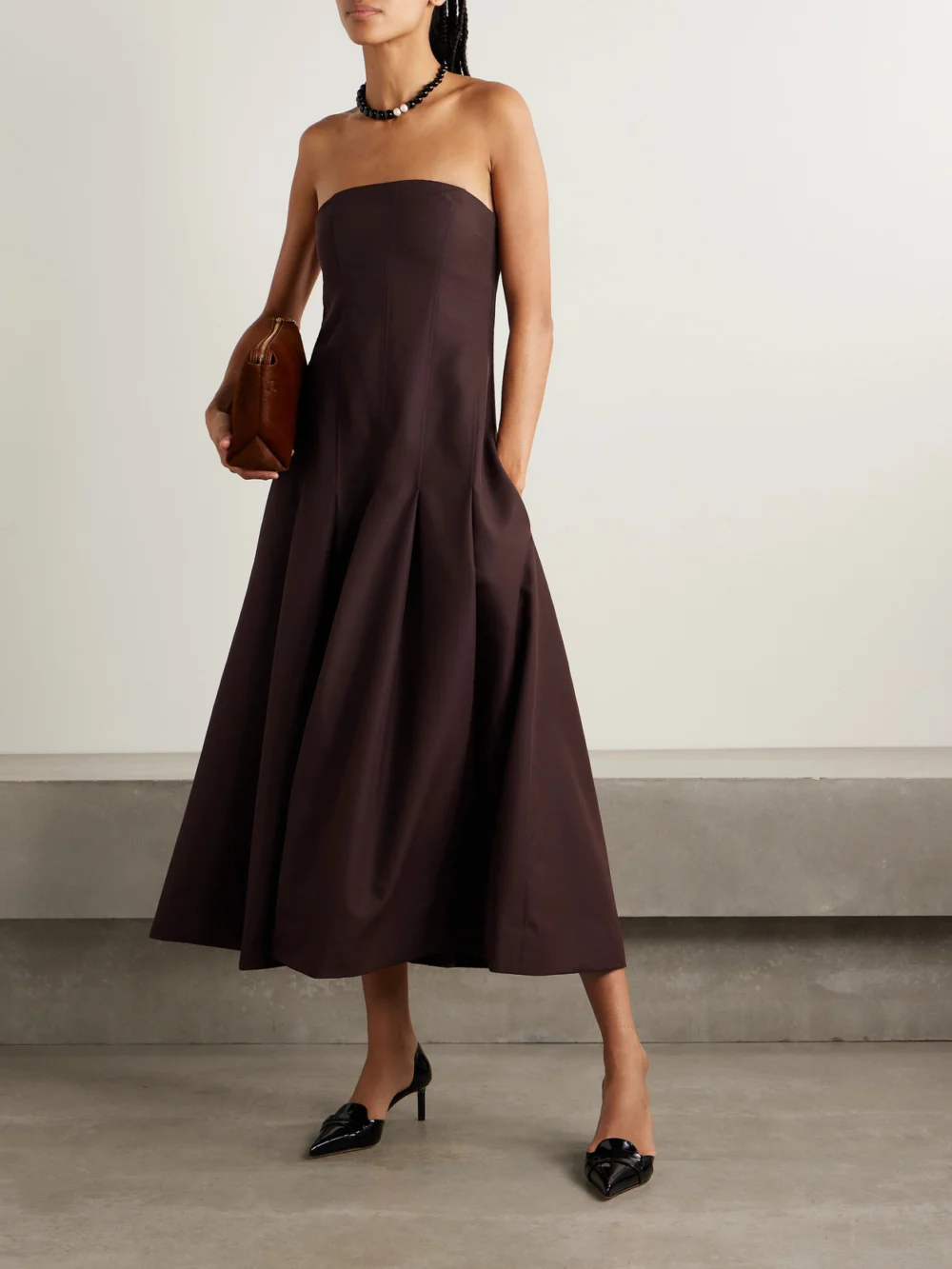 Kallmeyer Maeve Pleated Wool-blend Twill Midi Dress, worn by a model