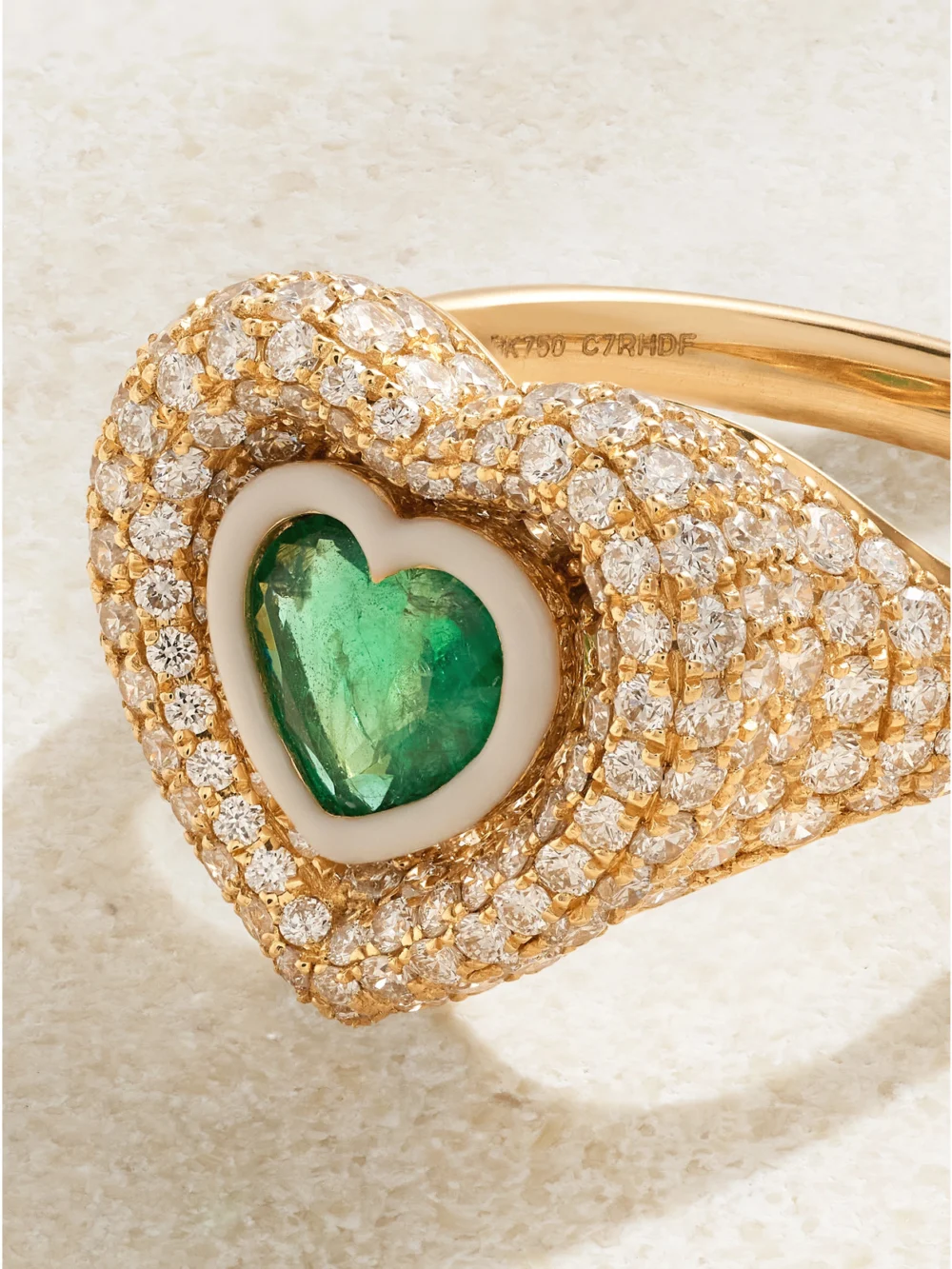 Close-up detail of the Kamyen 18-karat Gold, Enamel, Diamond and Emerald Ring